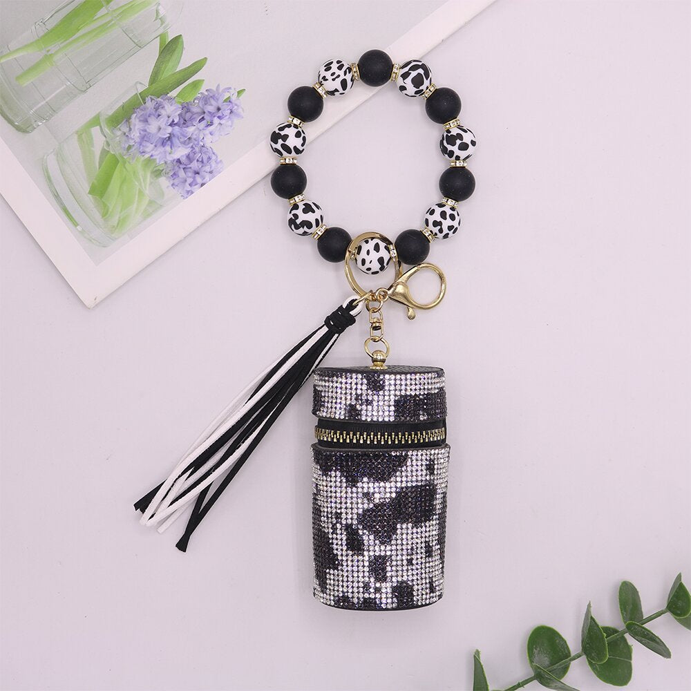 Wholesale Leopard Cow Pattern Leather with Diamond Mouth Red Envelope Silicone Beaded Wrist Keychain